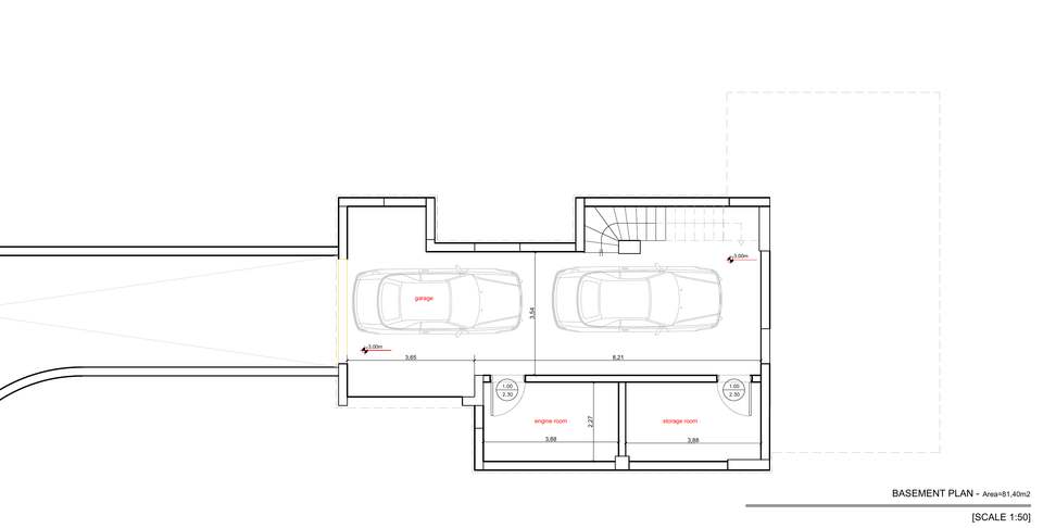 Basement plan of Villa ATHINA: double garage, engine room and storage