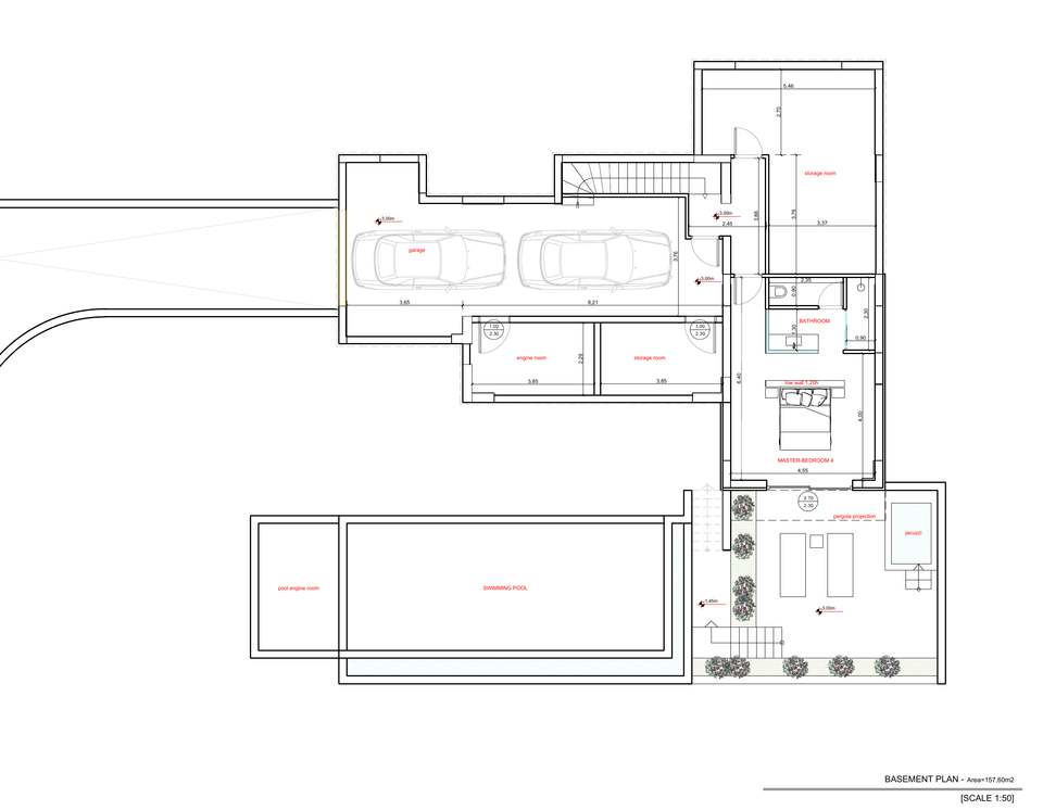 Basement plan of Villa AETHER: double garage, storage rooms and a bedroom suite with its own patio