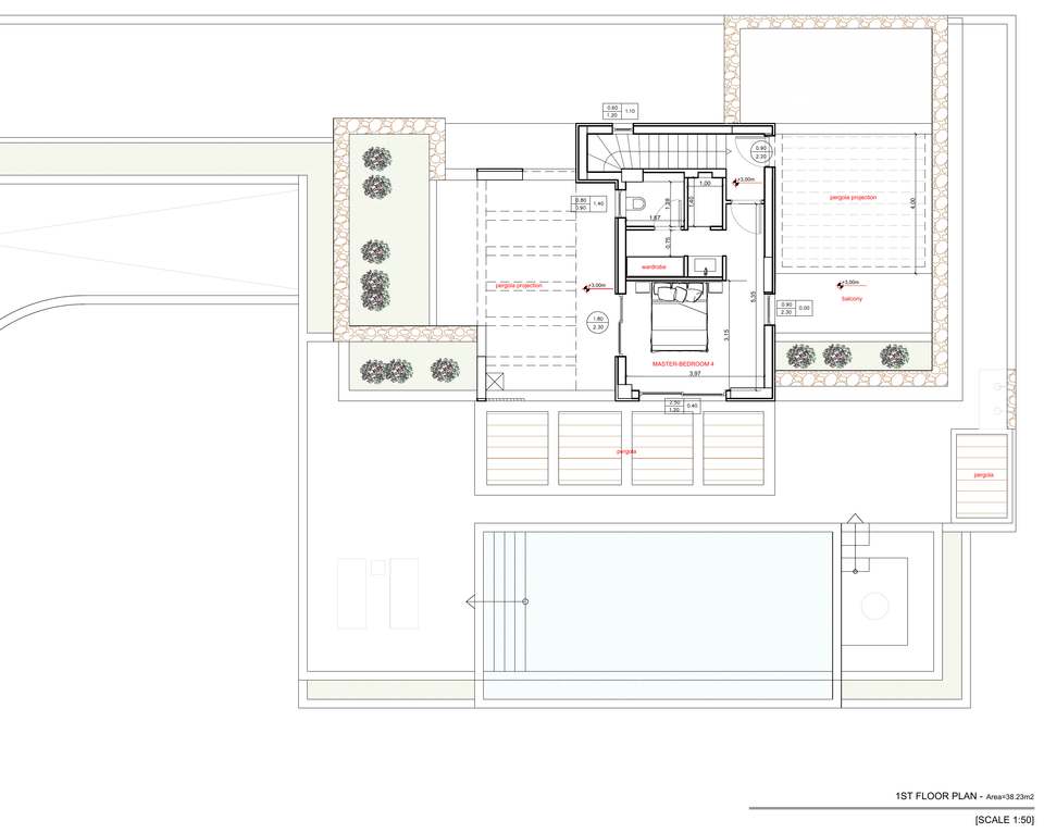 First floor plan of Villa ATHINA: master suite with wardrobe, bathroom and balcony