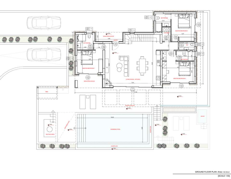 Ground floor plan of Villa AETHER: living room with kitchen, three bedroom suites, terrace and pool