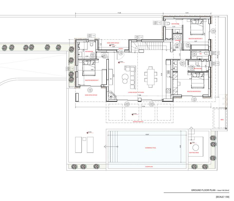 Ground floor plan of Villa ATHINA: living room with kitchen, three bedroom suites, terrace and pool