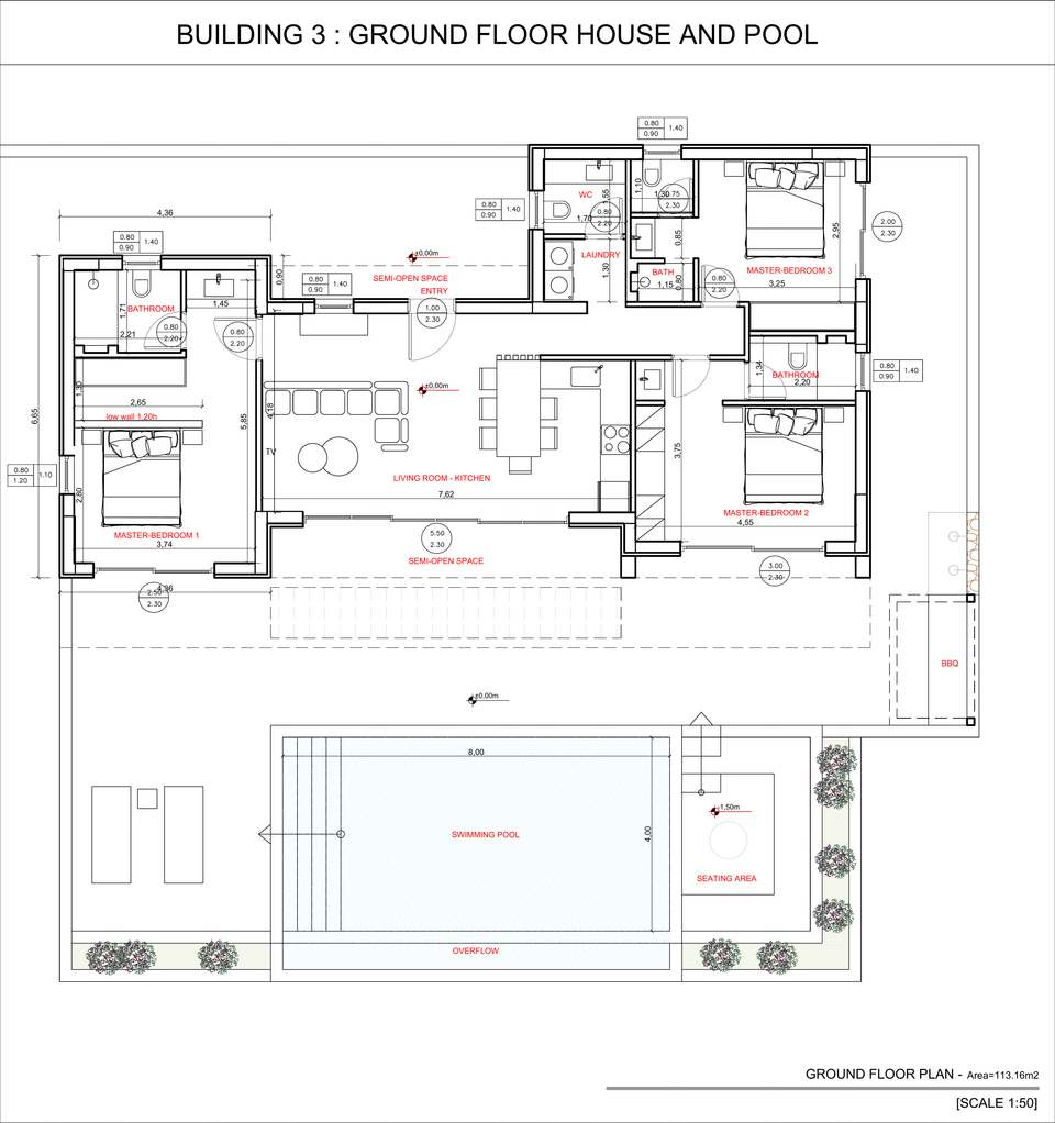 Floor plan of Villa MELITE: three bedrooms, three bathrooms, open living area and pool terrace