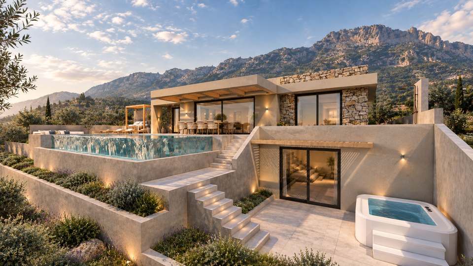 Villa AETHER seen from the garden, with pool terrace and optional jacuzzi