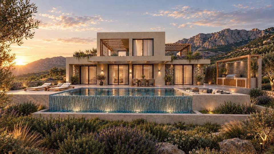 Villa ATHINA at sunset: two-storey stone and plaster villa with infinity pool, pergola and outdoor kitchen