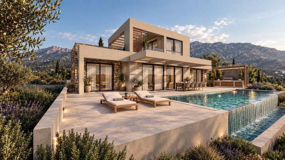 Pool terrace of Villa ATHINA with sun loungers and the infinity pool overflowing towards the garden