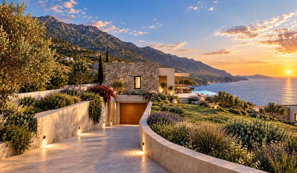 Driveway and garage entrance of Villa AETHER at sunset