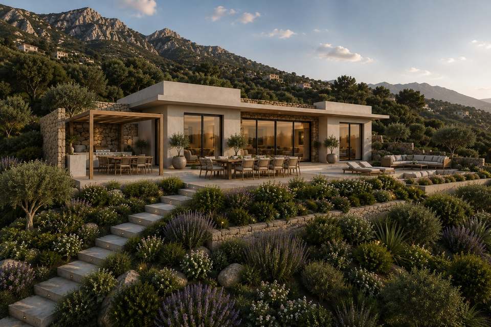 Terrace and infinity pool of Villa MELITE with the mountains behind